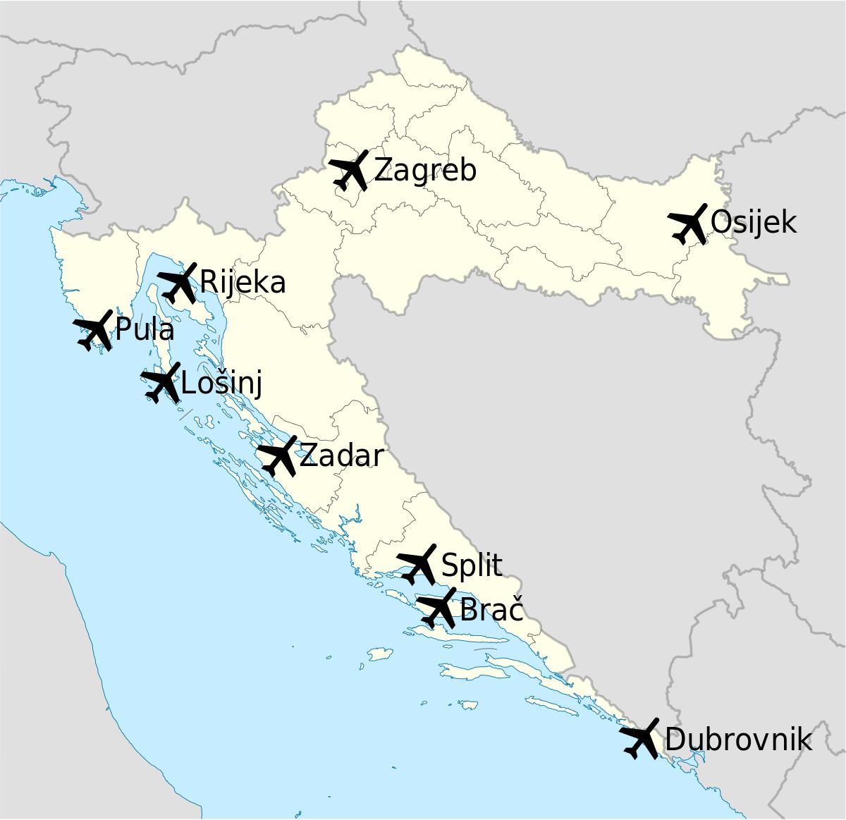 نقشه از کرواسی نشان فرودگاه